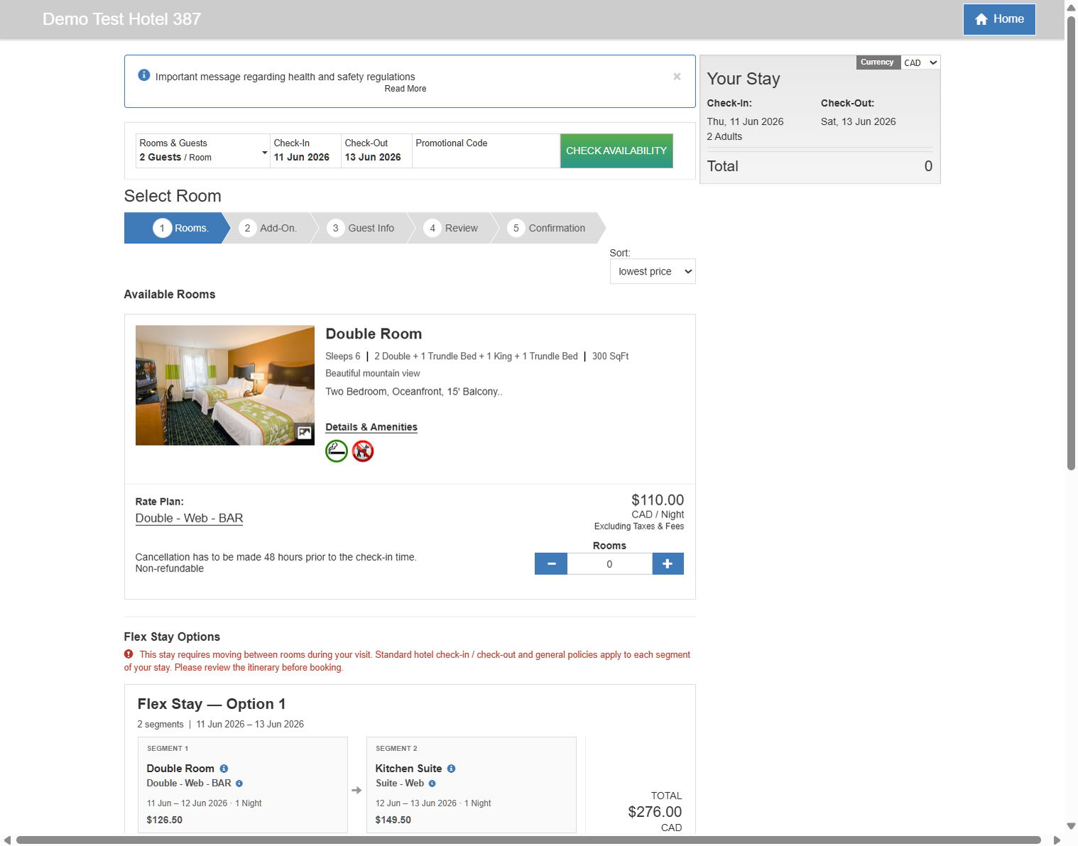 Search results showing Available Rooms and Flexible Stay Options
