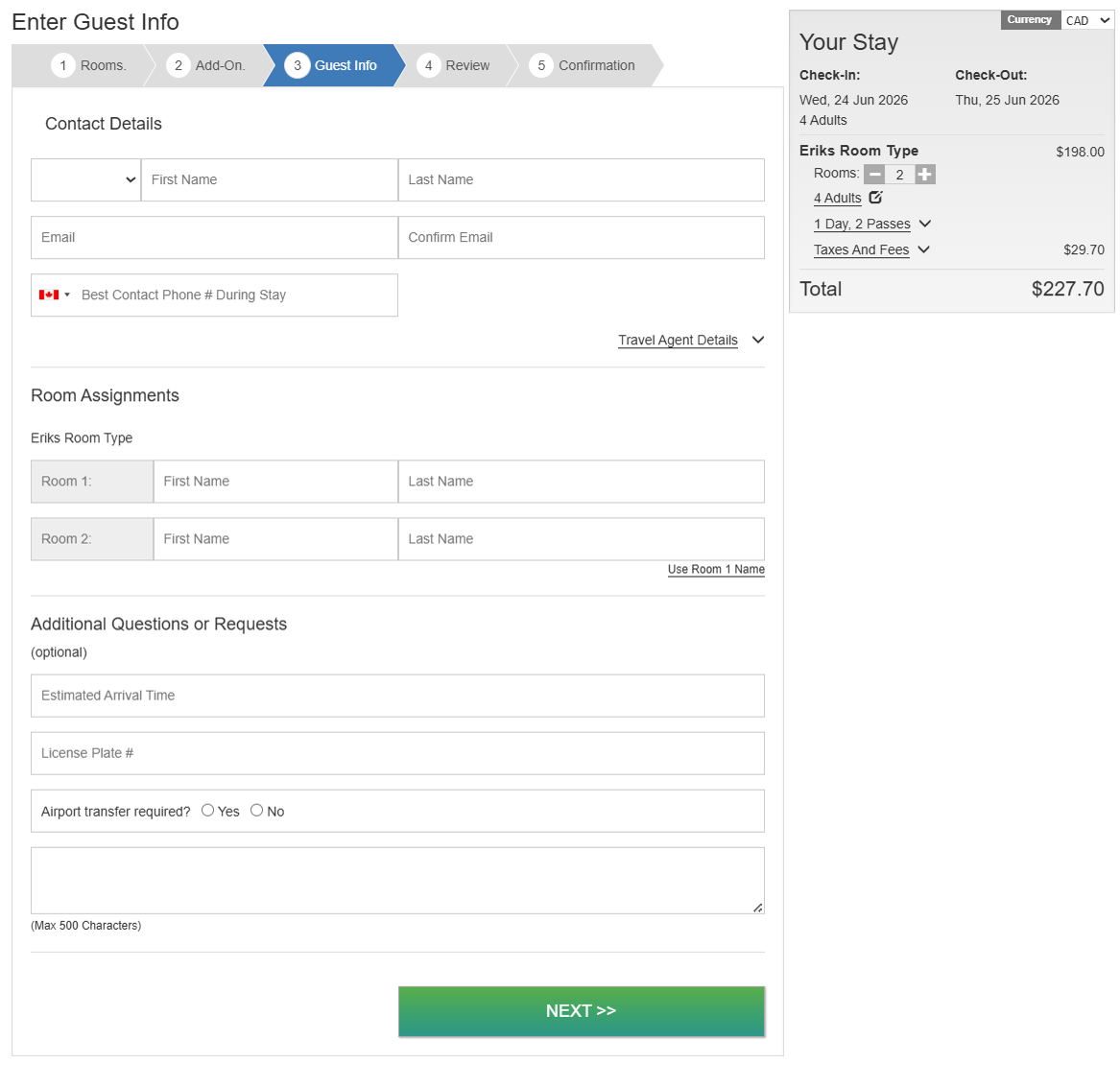 Guest Info step showing custom configuration questions