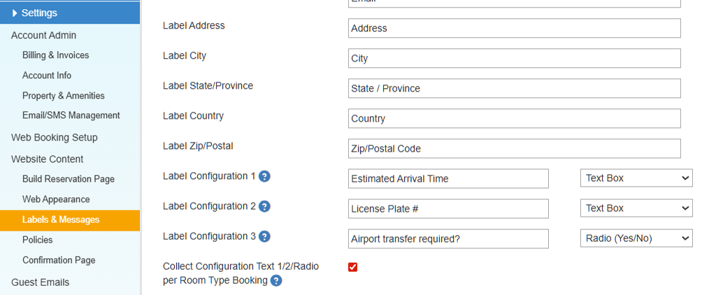 Checkout Page Labels showing Label Configuration 1, 2, and 3 with control types